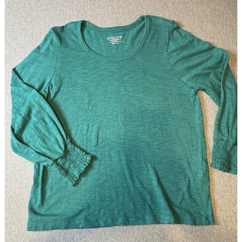 Chico's Women's Teal Long Sleeve Shirt Size Medium Elastic At Arms